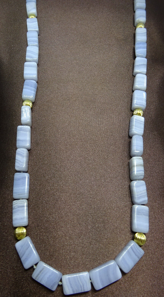 Natural Blue Lace Agate & 14k Yellow Gold Bead Necklace 36" Long