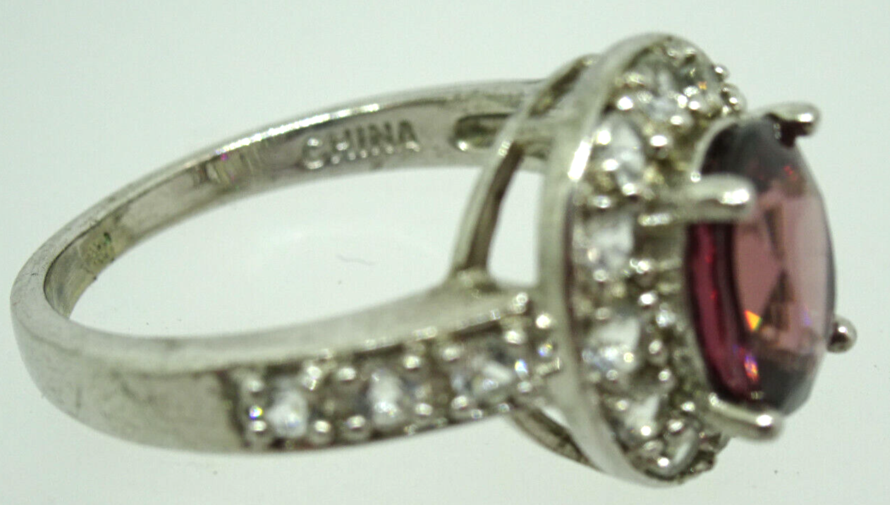 Synthetic Pink Gem & CZ Ring Rhodium Plated Sterling Silver Size 9.5