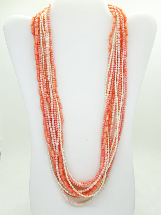 Natural Angel Skin & Rosa Pink Coral, Seed Pearl 11-Strand Necklace