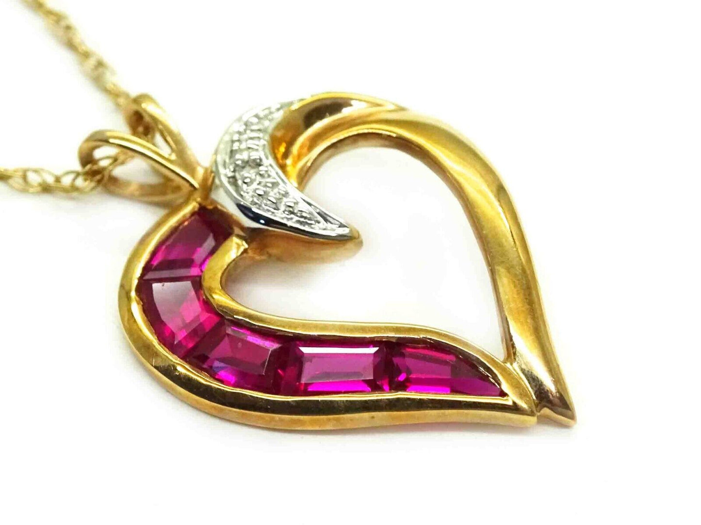 CZ & Natural Ruby Heart Half Charm Pendant Necklace 10k Gold