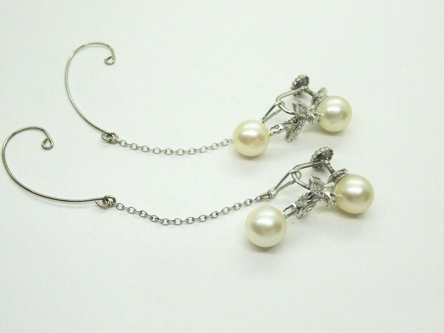 Akoya Pearl & Colorless DIAMOND Dangle Earrings SOLID 14K WHITE GOLD w/Ear Hooks