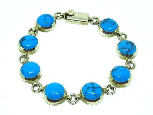 Mexico Round Turquoise Cabochon Sterling Silver Link Bracelet