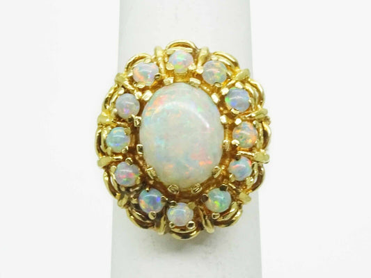 Vintage Fiery Opal Oval Cabochon Halo Ring 14k Gold Size 5.25