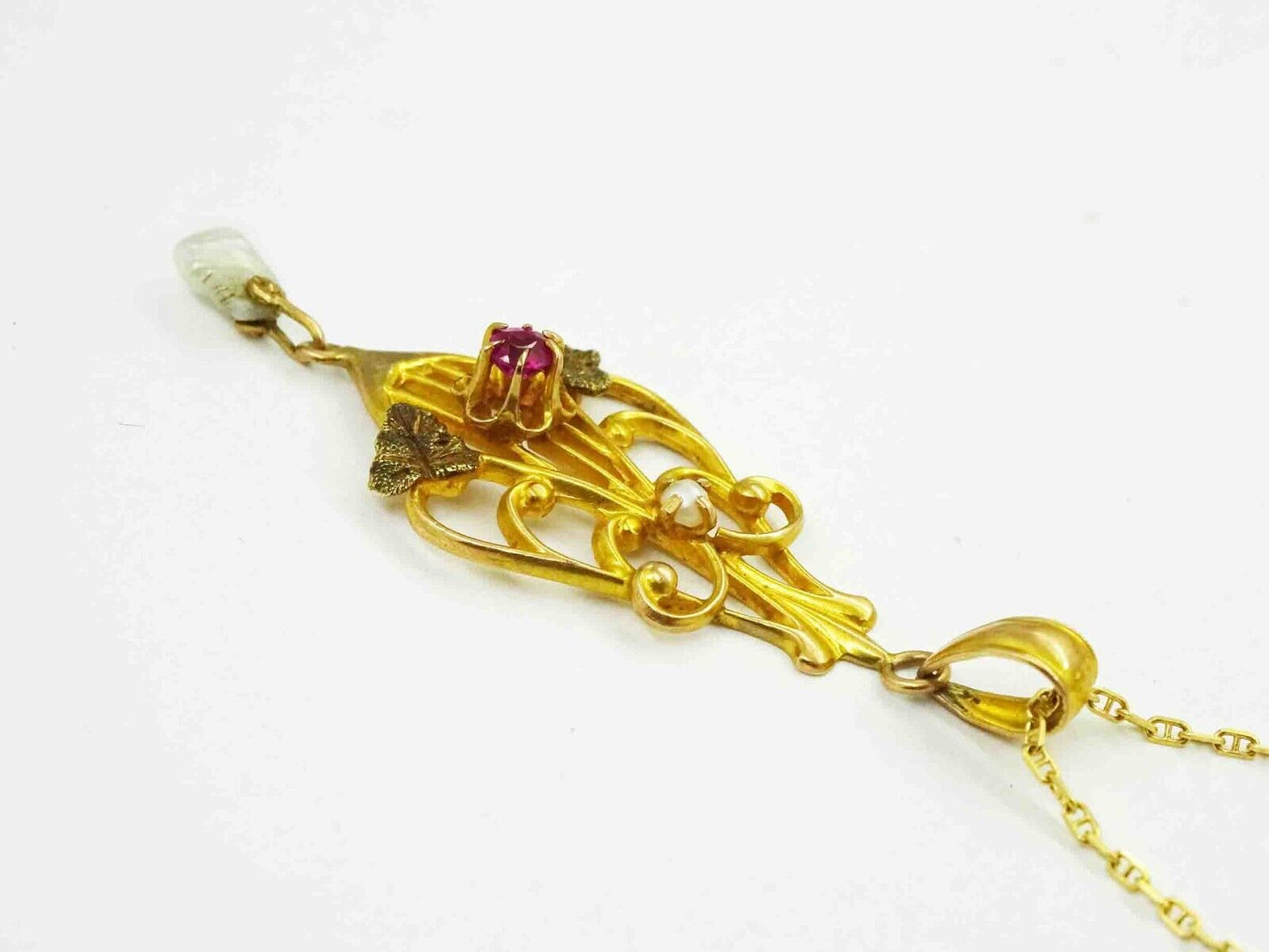 Vintage Pearl Drop Ruby Lavalier Pendant 10k Gold on Thin Chain 14k Gold 20"
