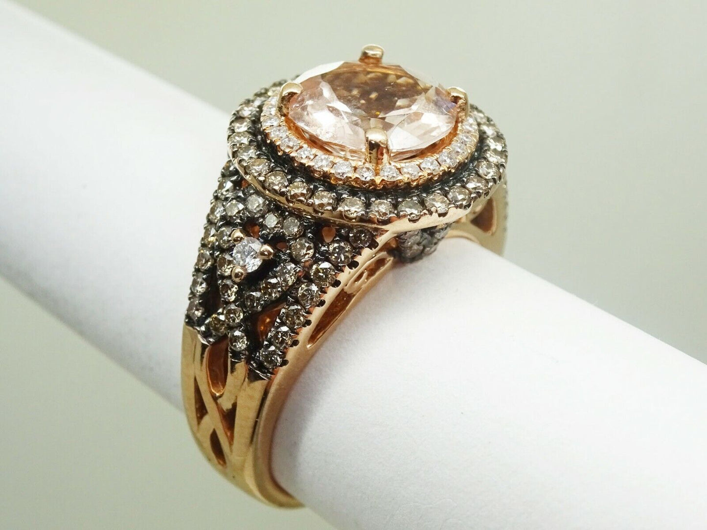 LeVian Peach Morganite & Earth Mined Diamond Ring 14k Rose Gold Size 7.25