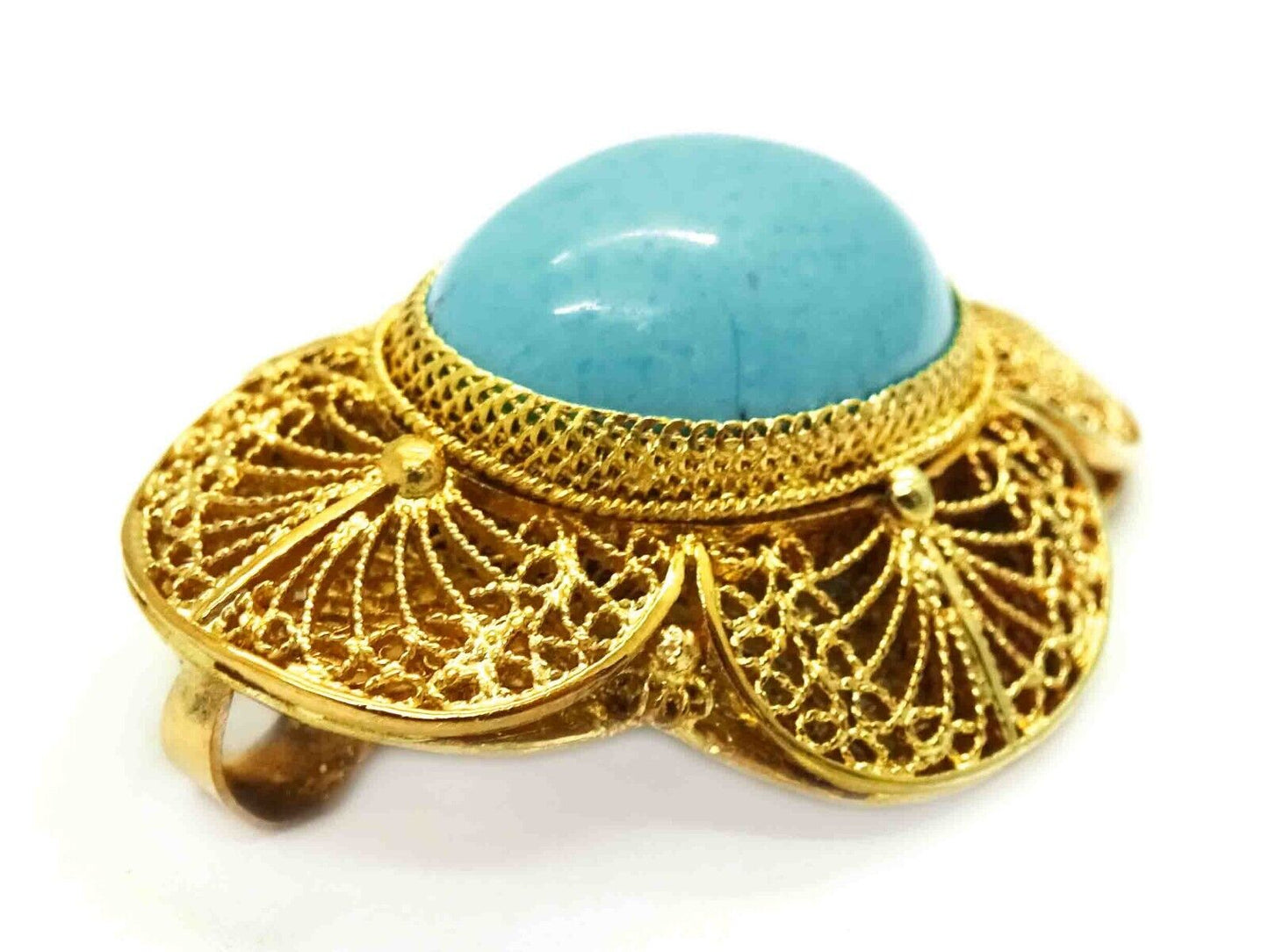 Natural Robin's Egg Blue Oval Turquoise Cabochon Filigree Pendant 14k Gold