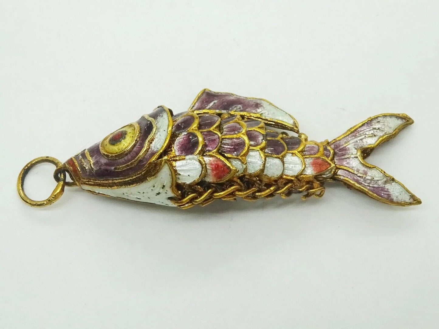 Vintage Chinese Sterling Gold Wash Purple Enamel Articulated Fish Pendant