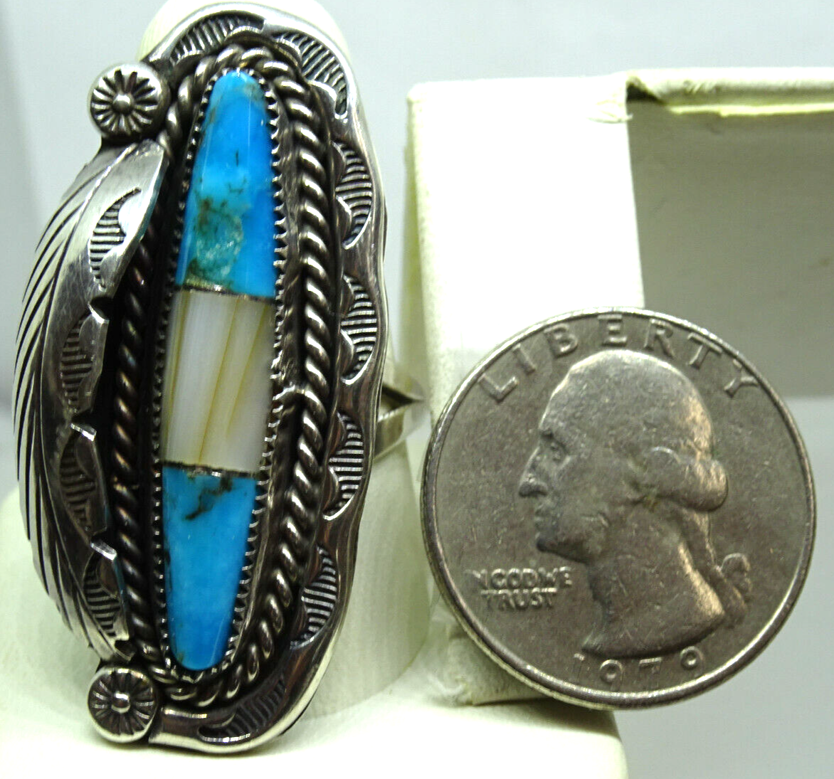 Native American Herbert Pinc Navajo Sterling, Turquoise, MOP Ring, Signed