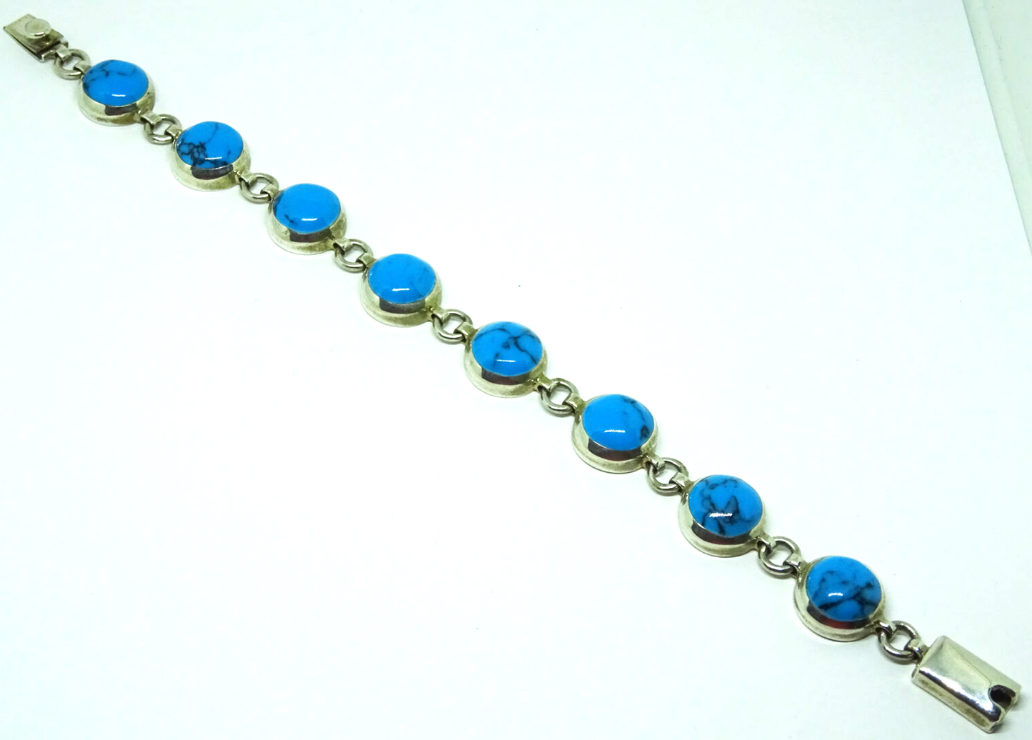 Mexico Round Turquoise Cabochon Sterling Silver Link Bracelet