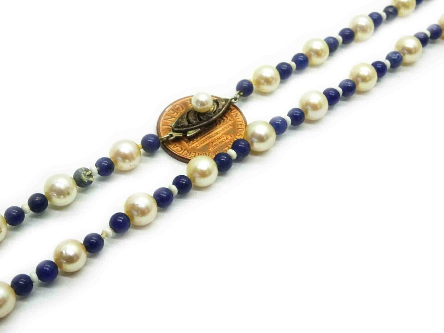 Vintage Cultured Saltwater Pearl, Lapis, Mother-of-Pearl Rope Necklace 55"