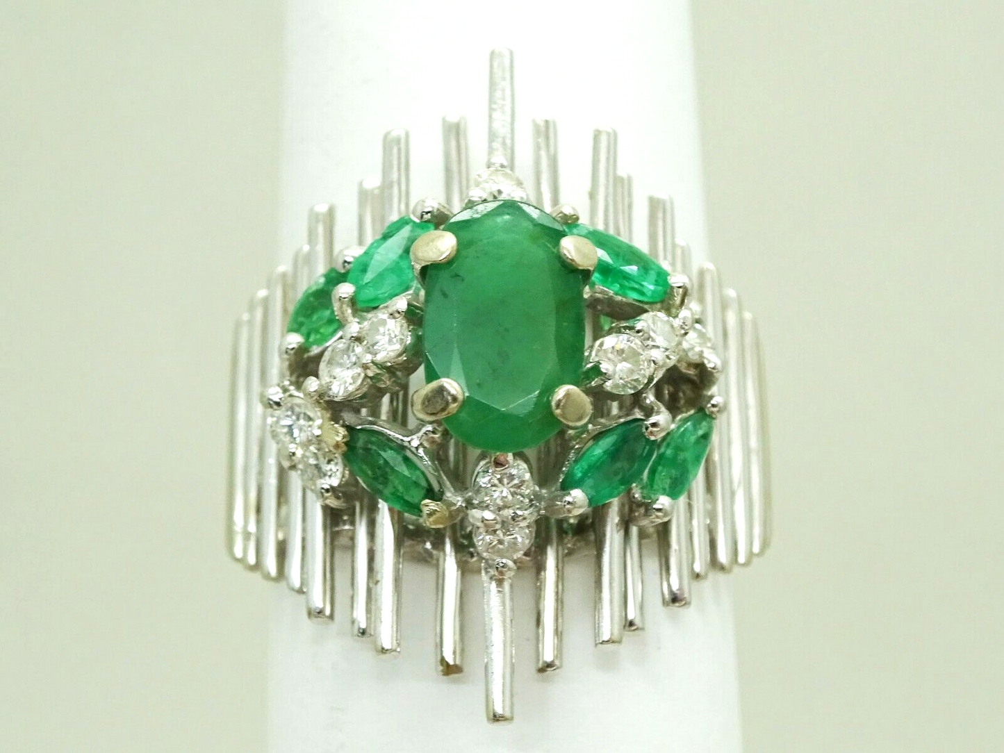 1.61ct tw Natural Emerald & Diamond Open Bar Ring 14k White Gold Size 7.5