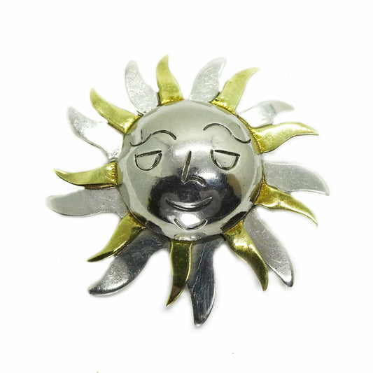 Vintage Taxco 2-Tone Sterling/Brass Smiling Sun Pin Brooch, Signed