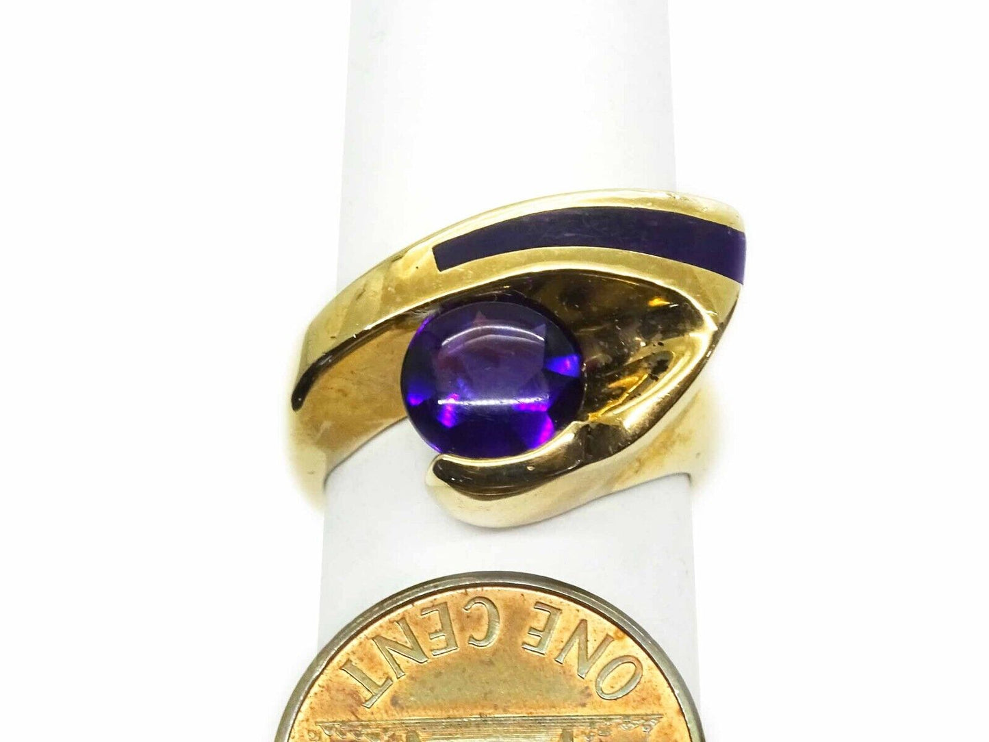 Natural Amethyst & Sugilite Inlay Euro Shank Ring 14k Gold Size 6.5