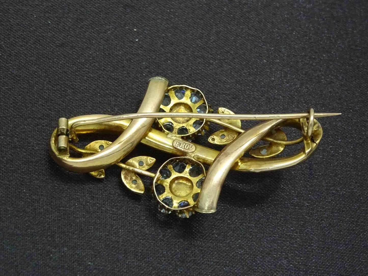 Antique EROV Sapphire & Seed Pearl & Crystal Floral Brooch Pin 14k Gold