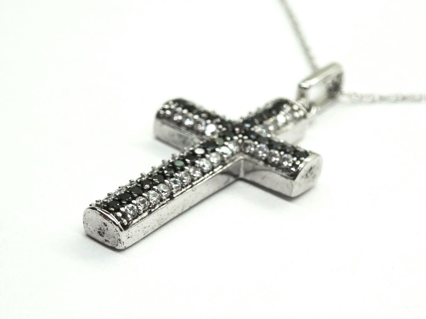 Black & White CZ Cross Pendant Sterling Silver on 10k White Gold Chain