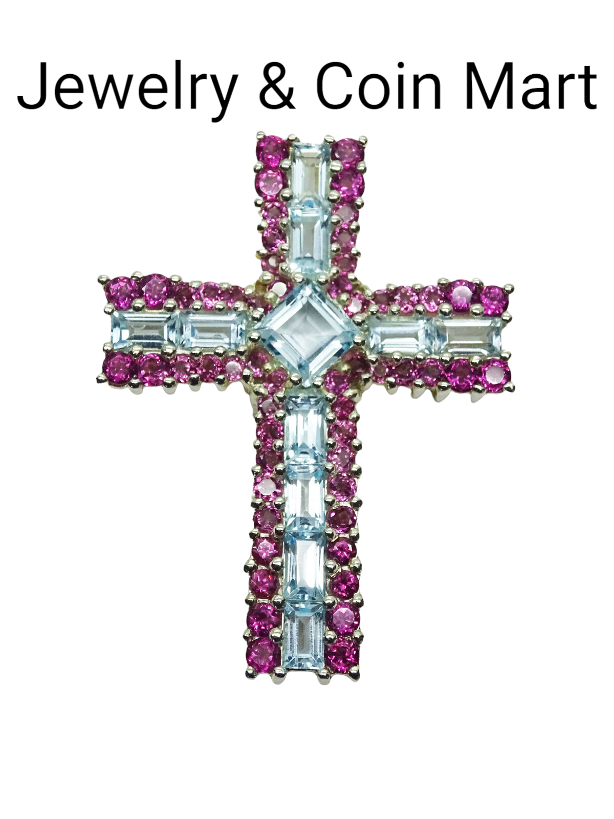 Pink Tourmaline & Created Aquamarine Sterling Silver Cross Pendant