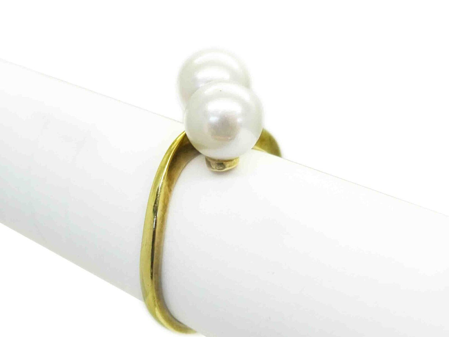 Mikimoto 7mm Wide Double Pearl Bypass Style Band Ring 14k Gold Size 7.5