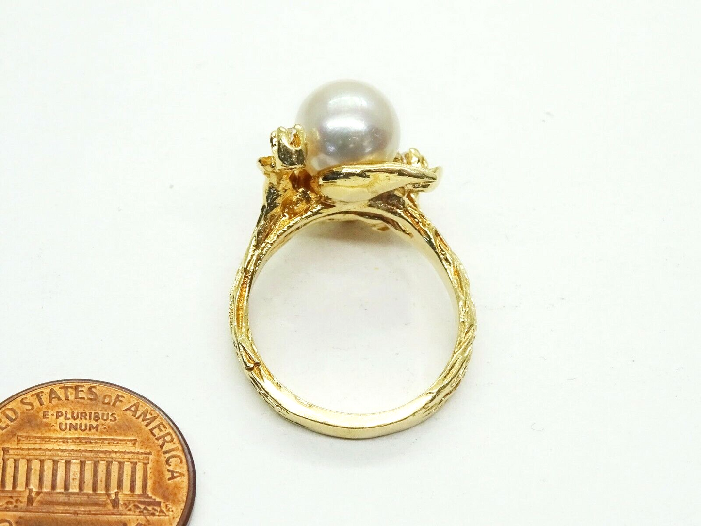 9mm Akoya Pearl & Earth Mined Diamond Leaf Design Ring 14k Gold Size 6.75