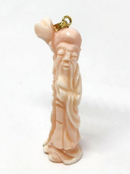 Vintage Mid-Century 3D Carved Coral Gold Filled Figurine Charm Pendant 1.75"