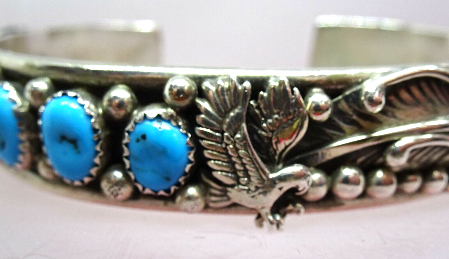 Stanley Bain Navajo Sterling Silver Turquoise Cuff Bracelet 30.2 grams