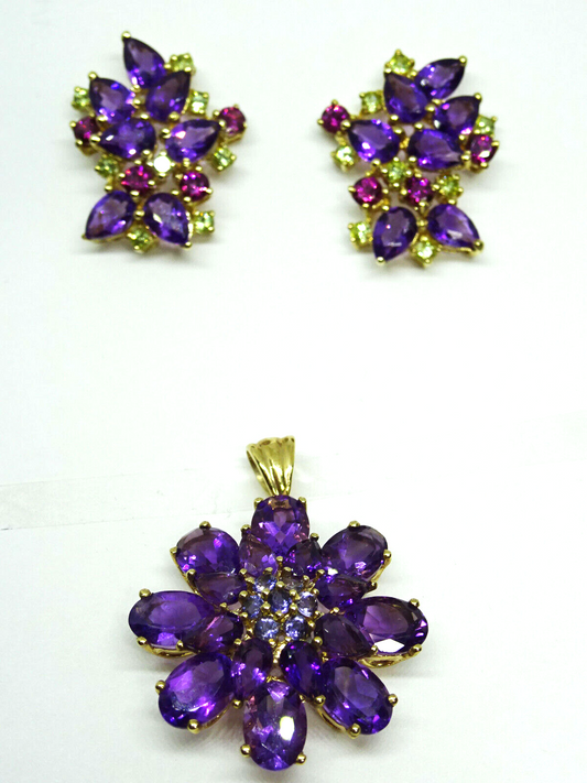 Amethyst Tourmaline Peridot Earrings & Pendant Set 10k Gold