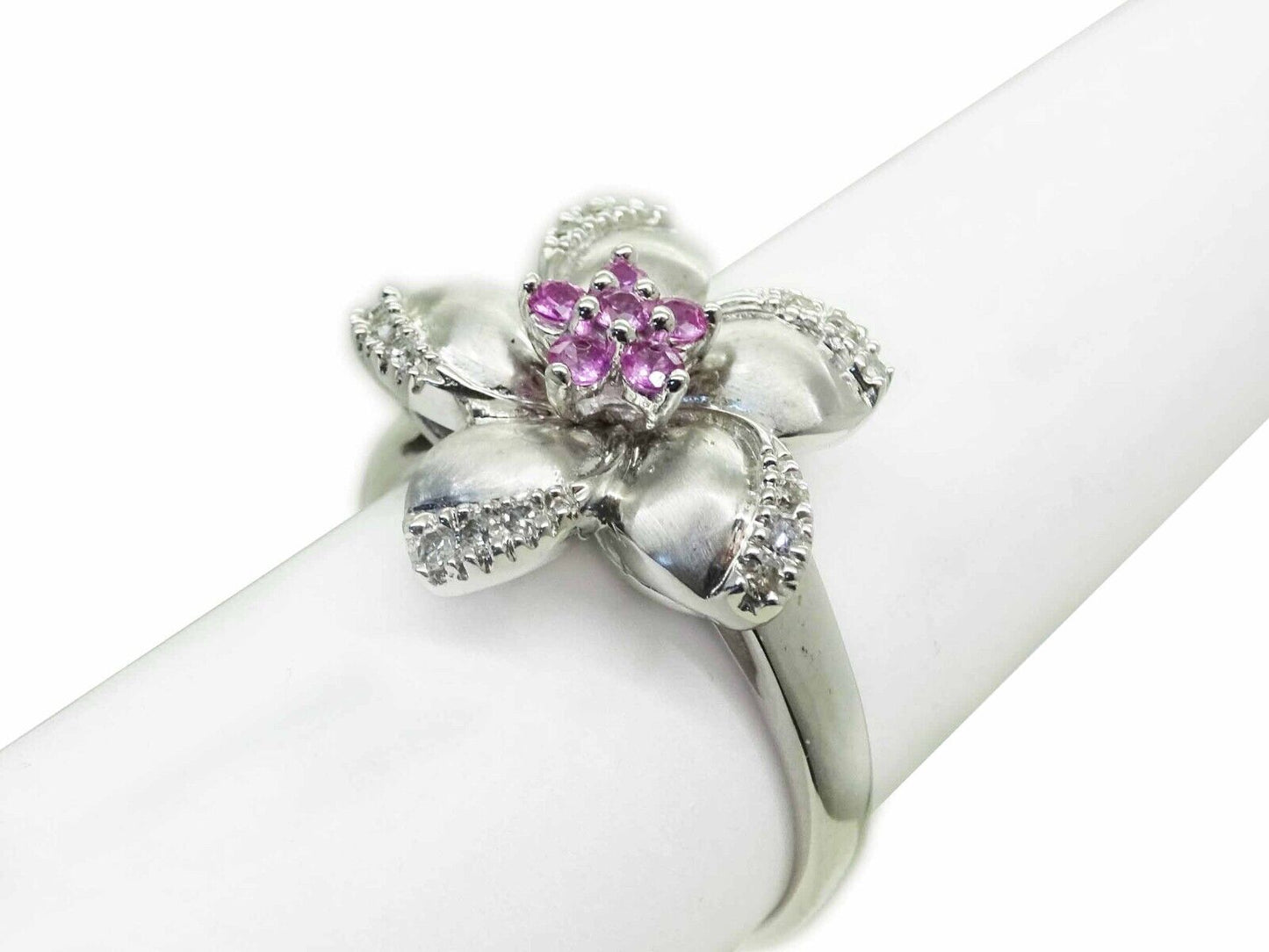 LeVian Natural Pink Sapphire & Diamond Flower Ring 14k White Gold Size 10