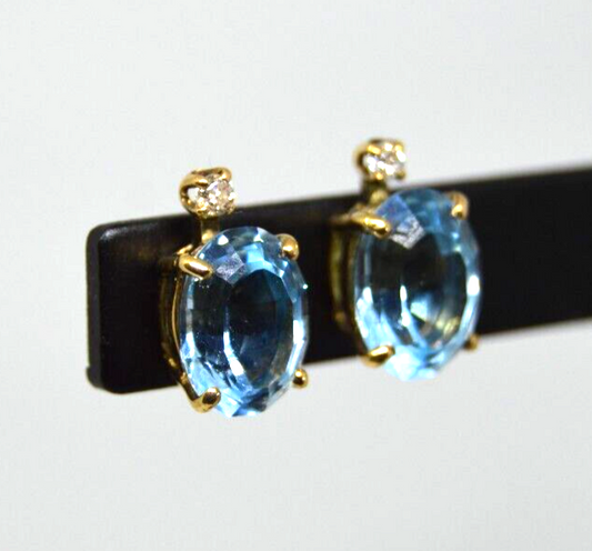 5cttw Oval Cut Blue Topaz & Diamond 14k Gold Stud Earrings