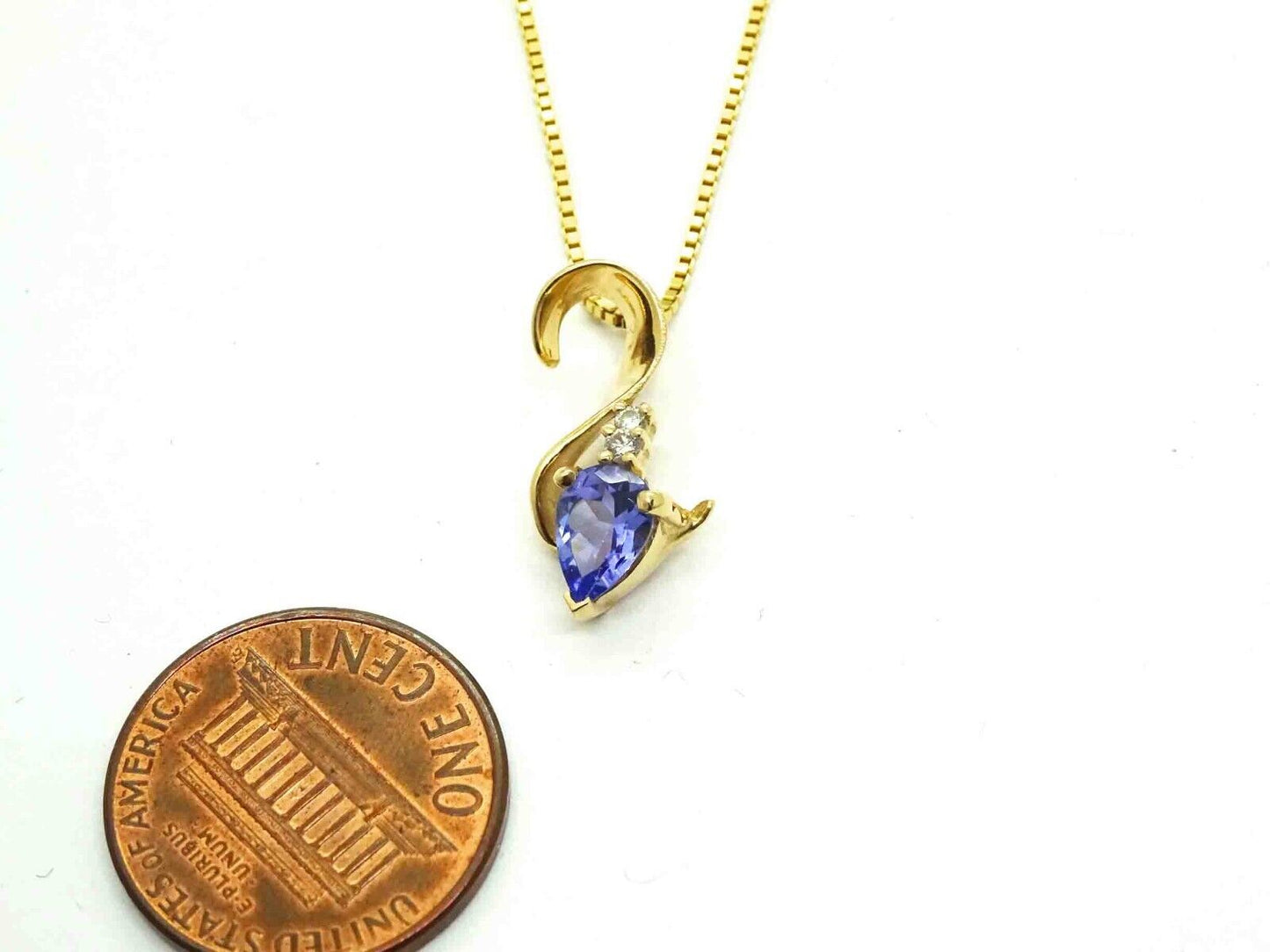 Natural Pear Tanzanite & Diamond Ribbon Style Pendant Necklace 14k Gold