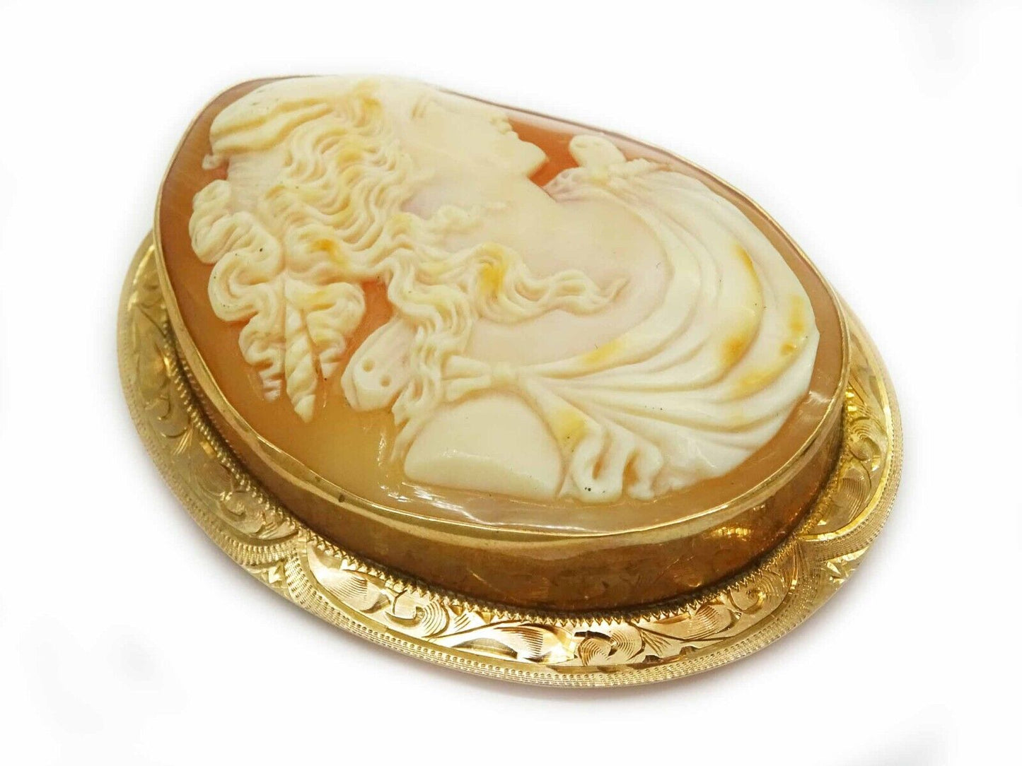 Large Finely Detailed Victorian Shell Cameo Brooch Pin Pendant 10k Gold