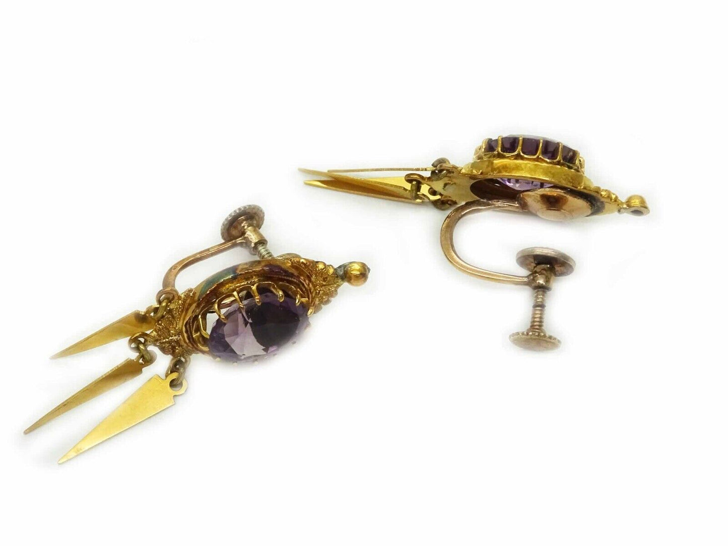 Antique Etruscan Revival Amethyst Brooch & Earrings Set 16k Gold