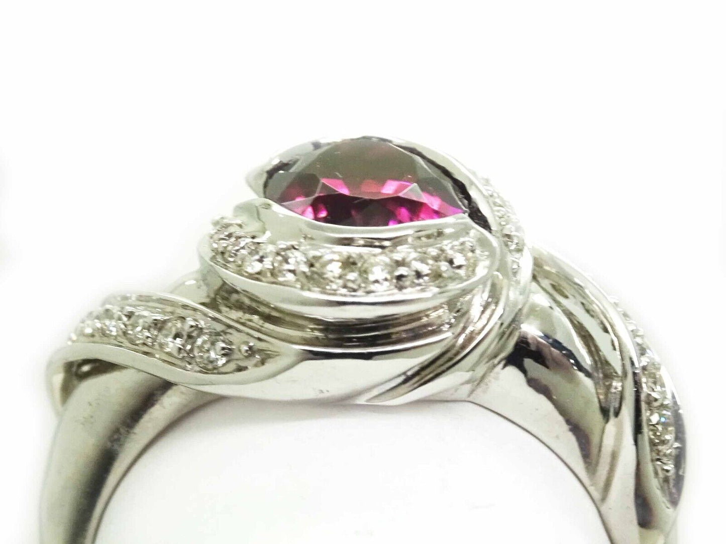 Natural Rubellite Tourmaline & Diamond Ring 14k White Gold Size 9