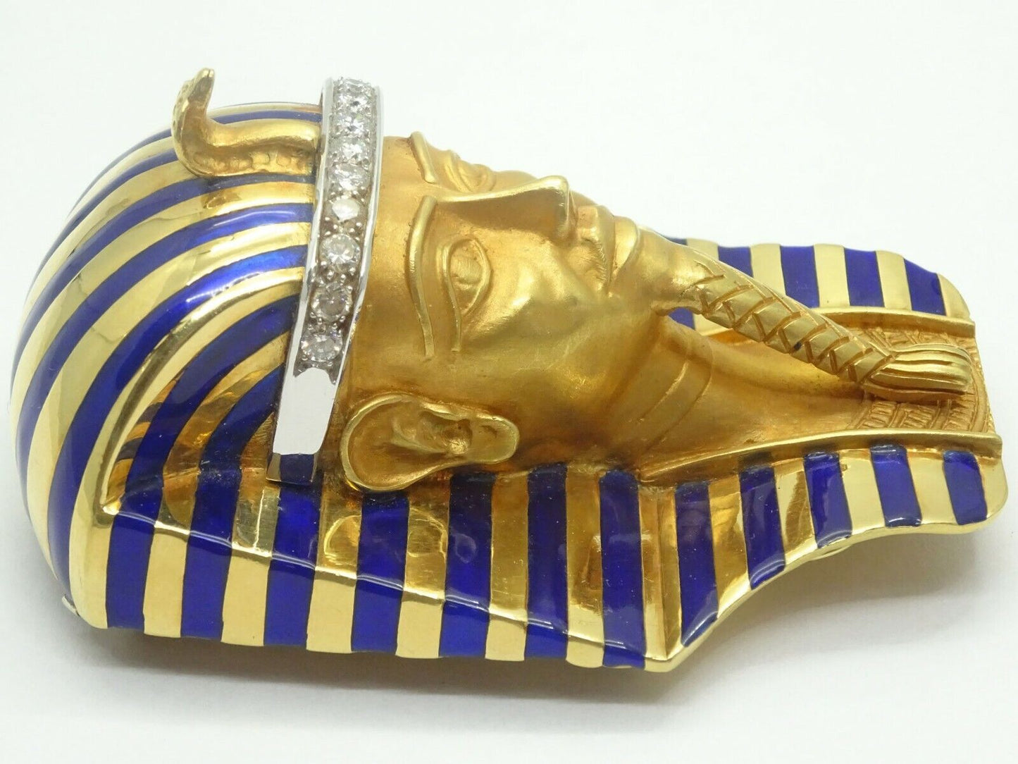 Estate King Tut Egyptian Pharaoh Head Brooch Pin 18k Gold & Enamel 104.7 g