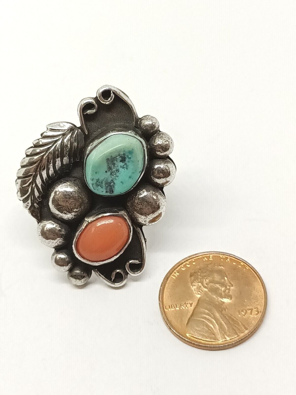 Old Pawn Navajo Sterling Silver Turquoise Coral Ring, Signed X, Size 6