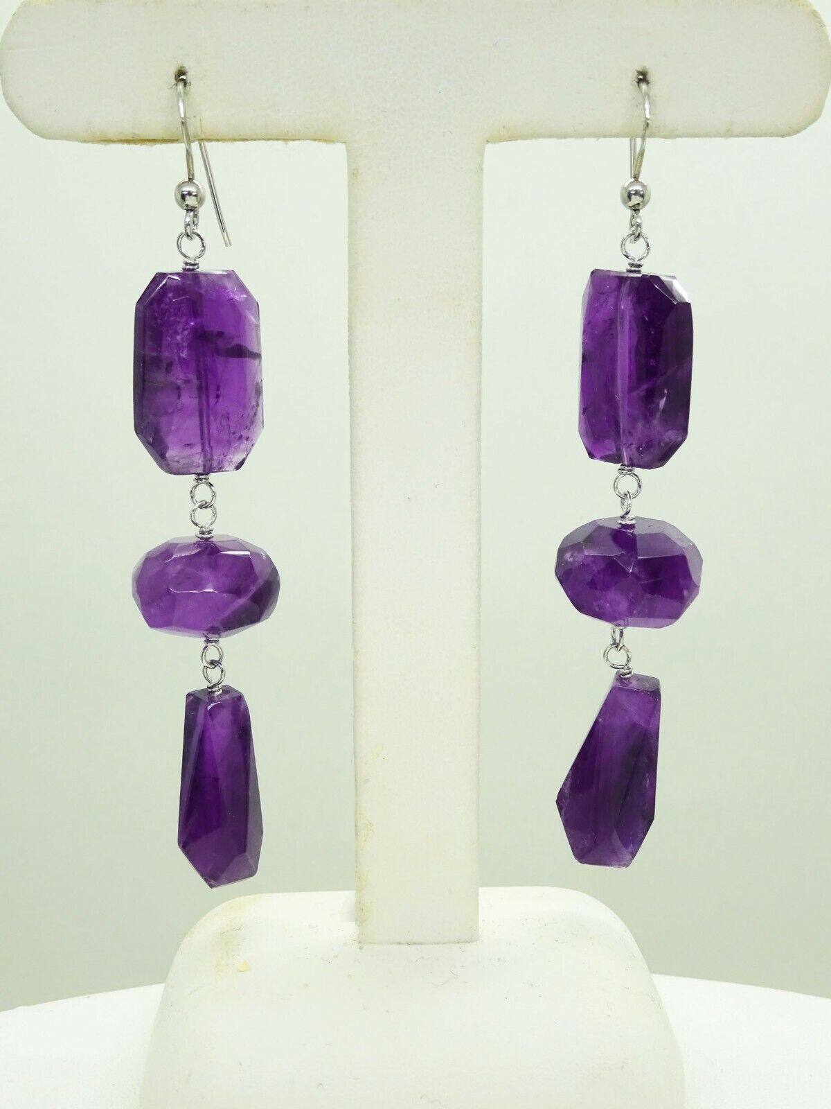 Natural Amethyst Faceted Crystal Chunk Dangle Sterling Silver Earrings