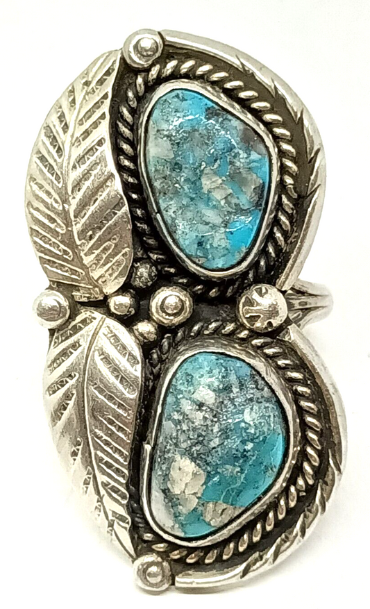 Native American Hand Signed Turquoise & Sterling Silver Ring Size 8.5, 14.5 g