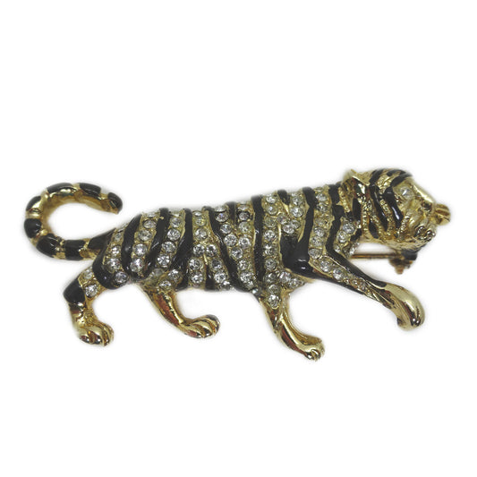 Vintage Hattie Carnegie Black Enamel Crystal Gold Tone Tiger Pin