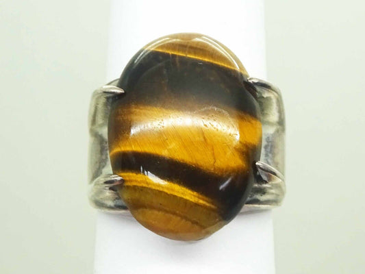 Large Oval Tiger’s Eye Cabochon Ring Solid Sterling Silver Size 10.5