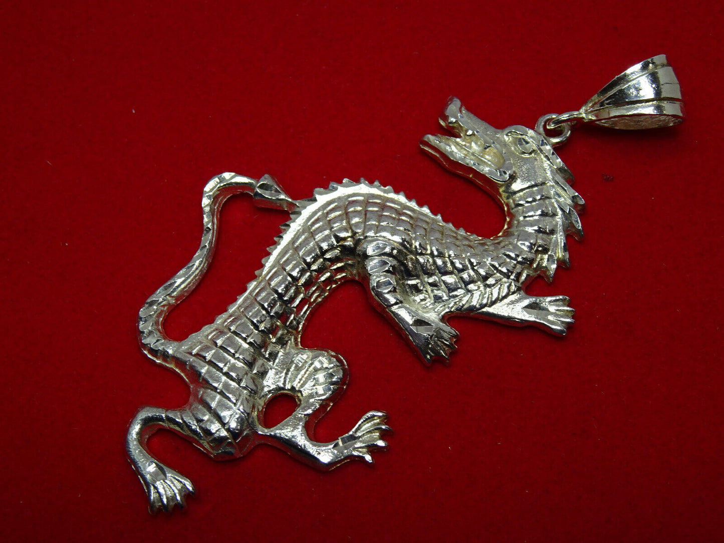 Large Dia-Cut Dragon Statement Pendant 925 Sterling Silver 37 Grams