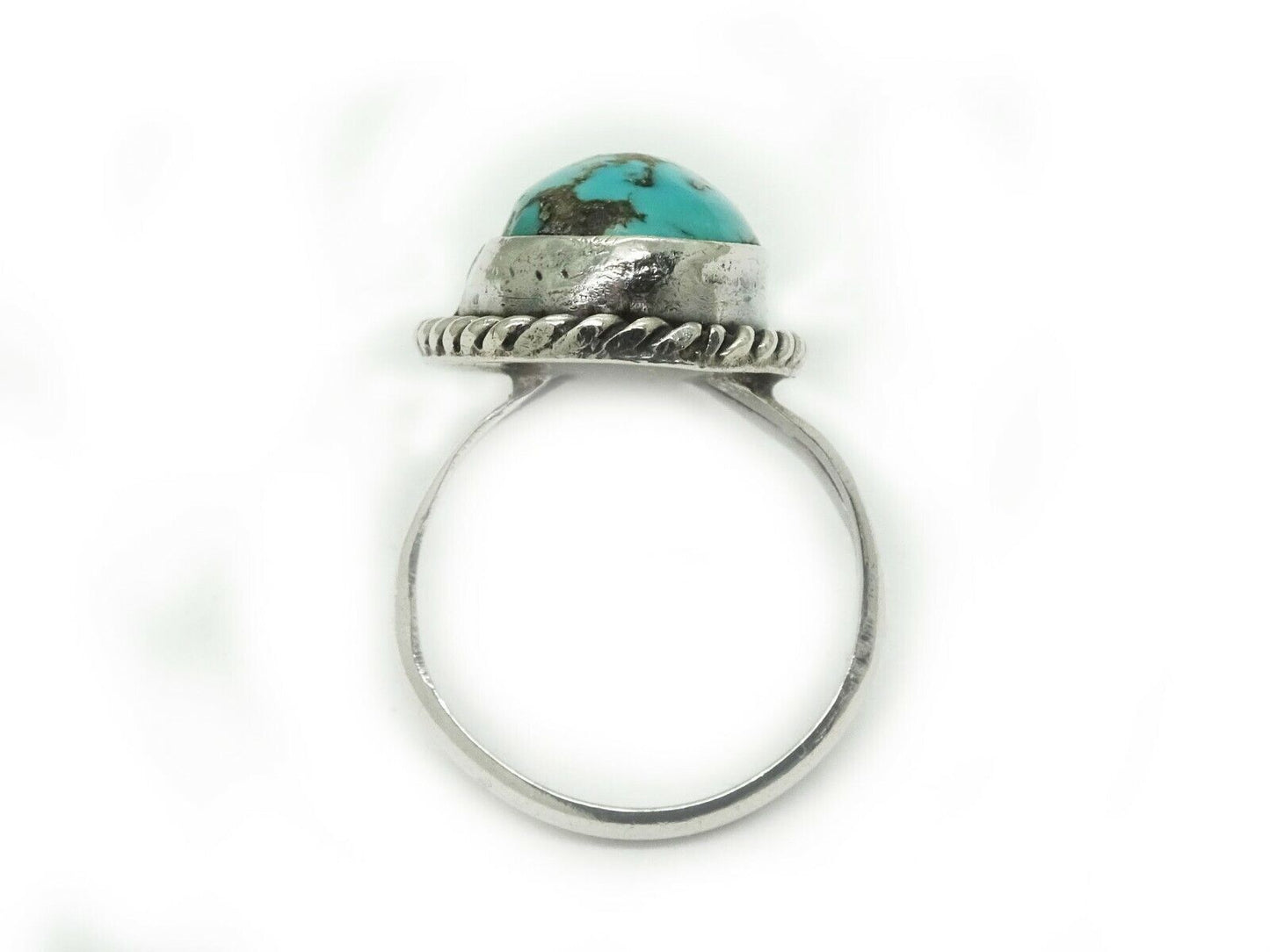 Southwestern Oval Turquoise Solitaire Split Shank Ring Sterling Silver Size 7.25