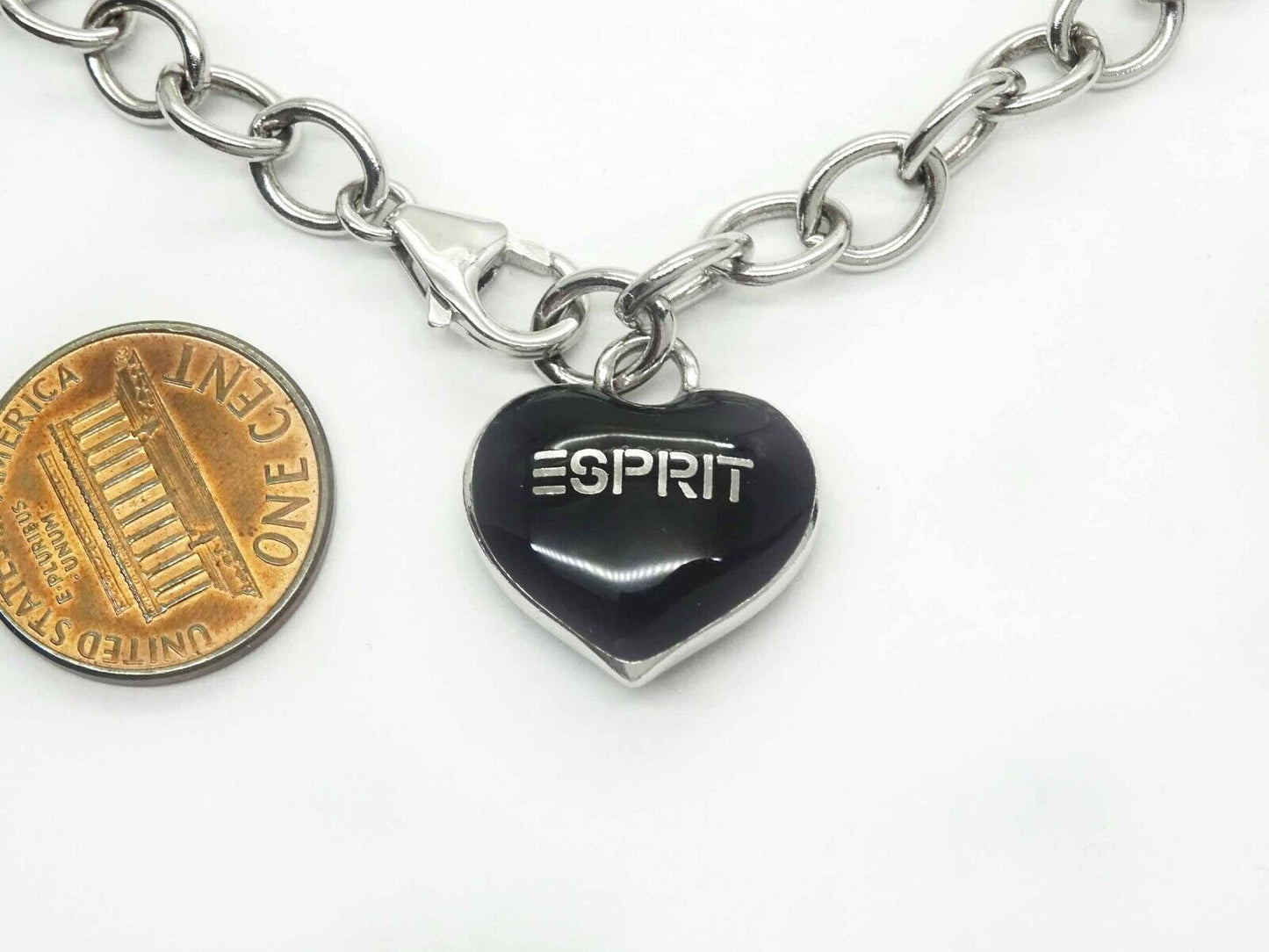 Esprit "Love" Black Enamel Puffy Heart Charm Necklace Sterling Silver