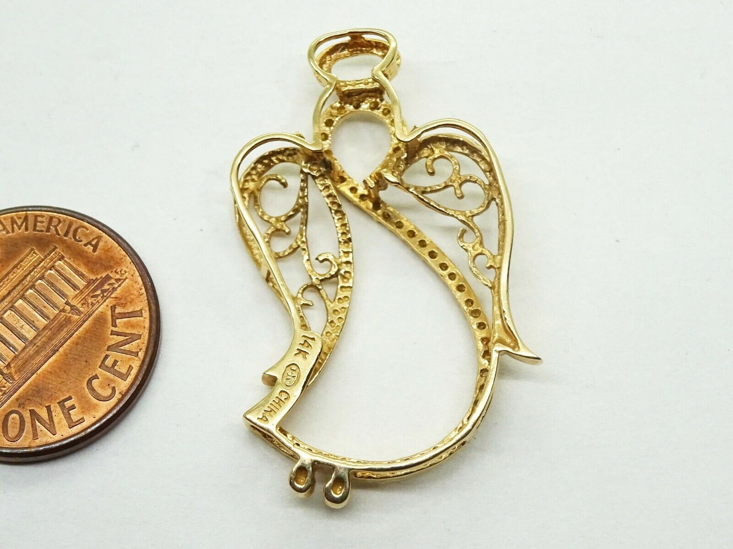 Earth Mined Yellow Diamond Openwork Filigree Angel Pendant 14k Gold