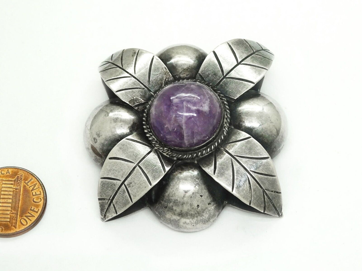 Large Amethyst Round Cabochon Flower Brooch Pin Mexico Sterling Silver