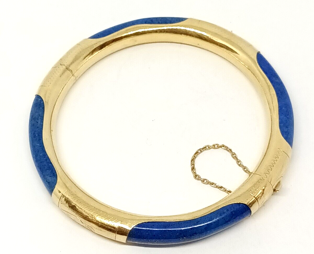 Vintage 14k Yellow Gold Lapis Lazuli Bangle Bracelet W/ Chain