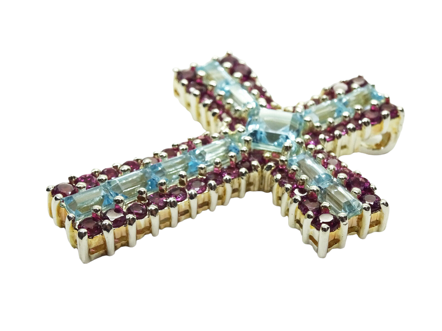 Pink Tourmaline & Created Aquamarine Sterling Silver Cross Pendant