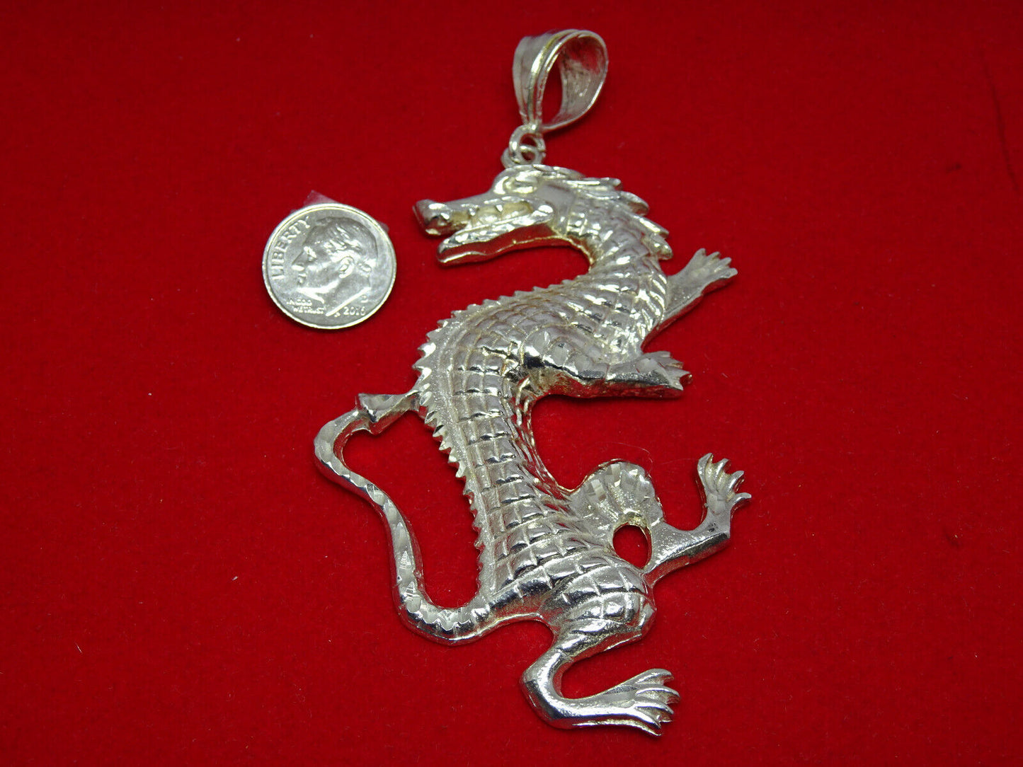 Large Dia-Cut Dragon Statement Pendant 925 Sterling Silver 37 Grams