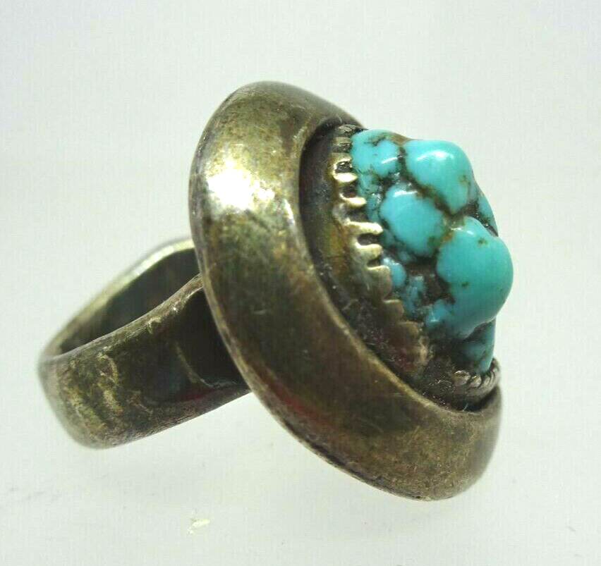 Old Pawn Native American Navajo Sterling Silver Turquoise Coral Nugget Ring, CP