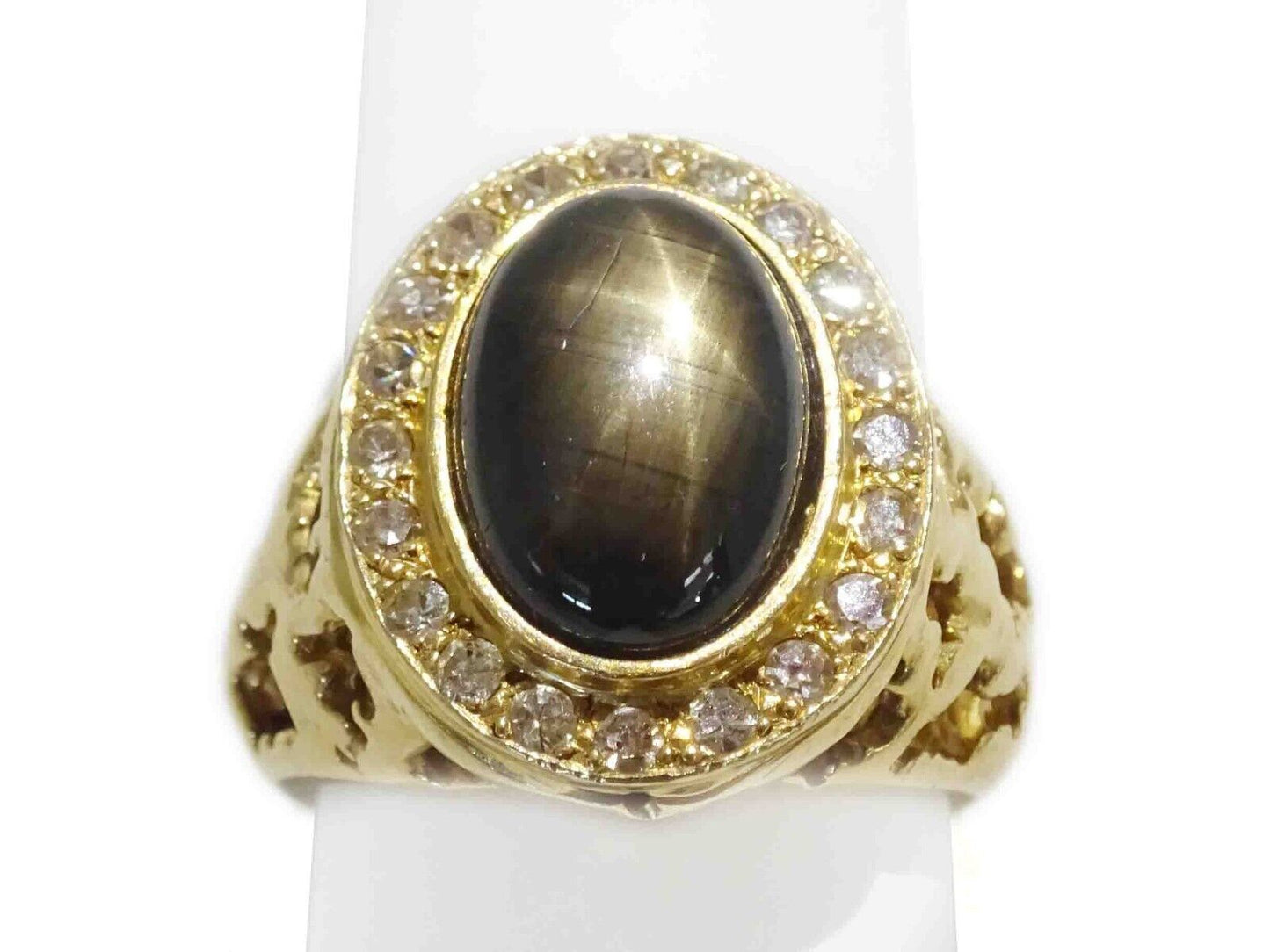 Men's Large Black Star Sapphire & Diamond Halo Ring 14k Gold Size 9