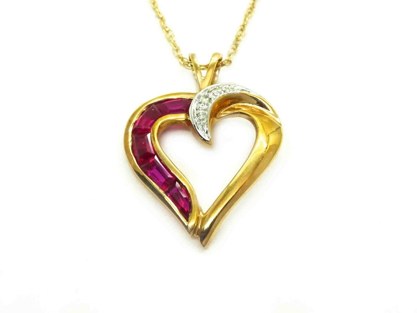 CZ & Natural Ruby Heart Half Charm Pendant Necklace 10k Gold