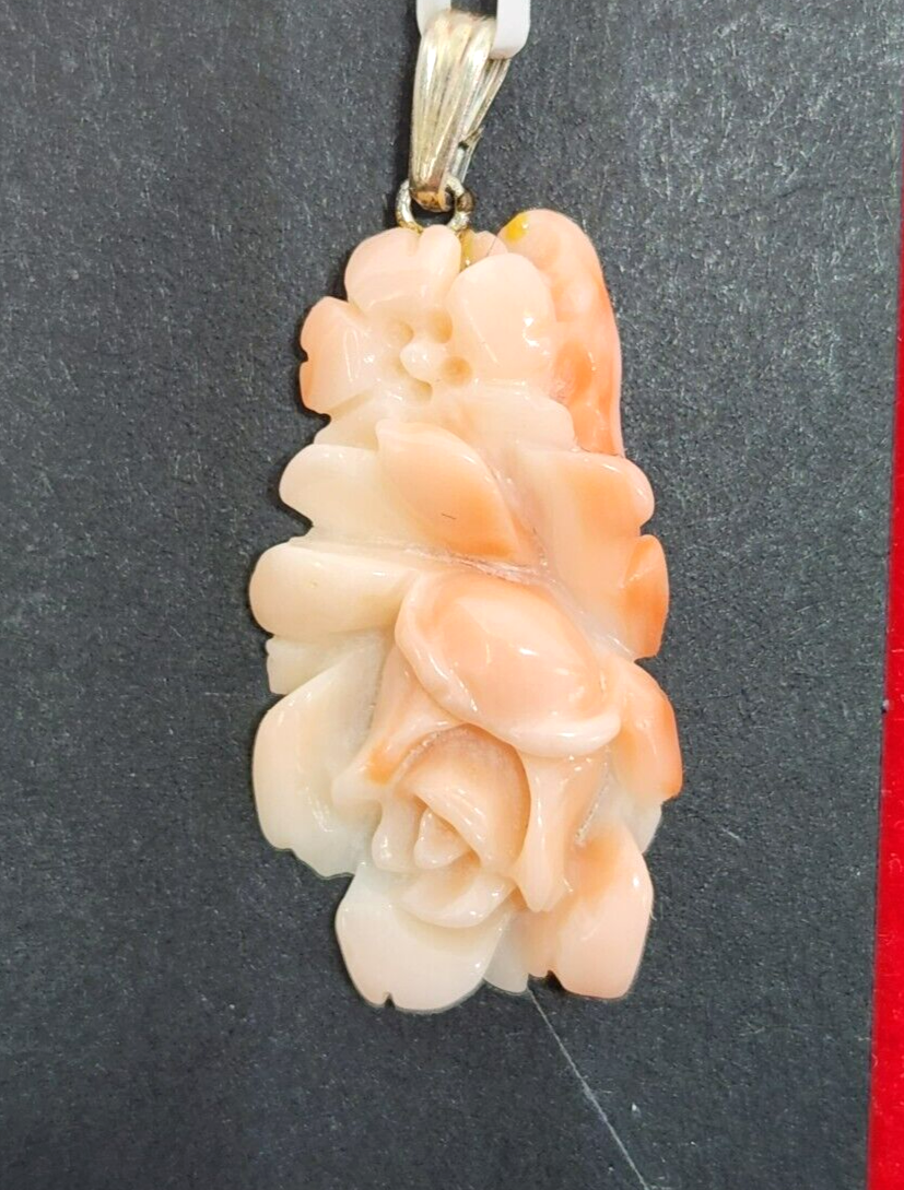 Carved Floral Angel Skin Coral Sterling Silver Pendant 1.25" Long