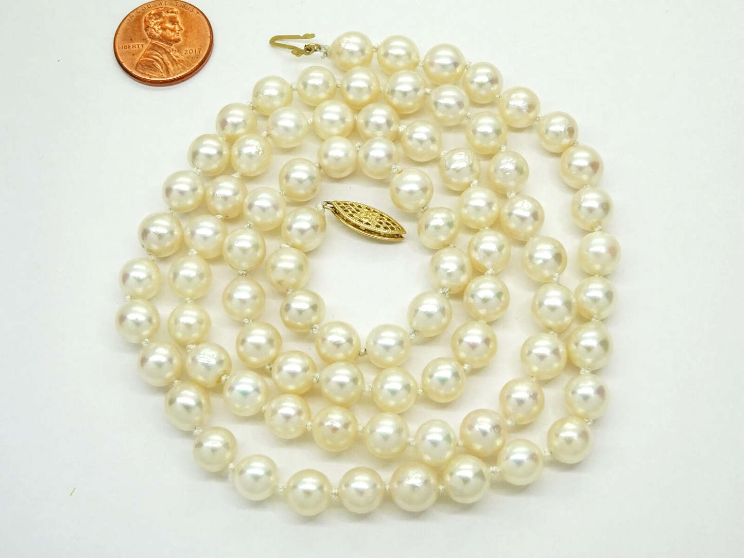 8mm Natural Pearl Bead Necklace 28" Opera Length 14k Gold Clasp